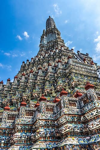 Ceramic warrior elephant, central prang, Wat Arun, Buddhist Temple of Dawn, Bangkok, Thailand. Art Print